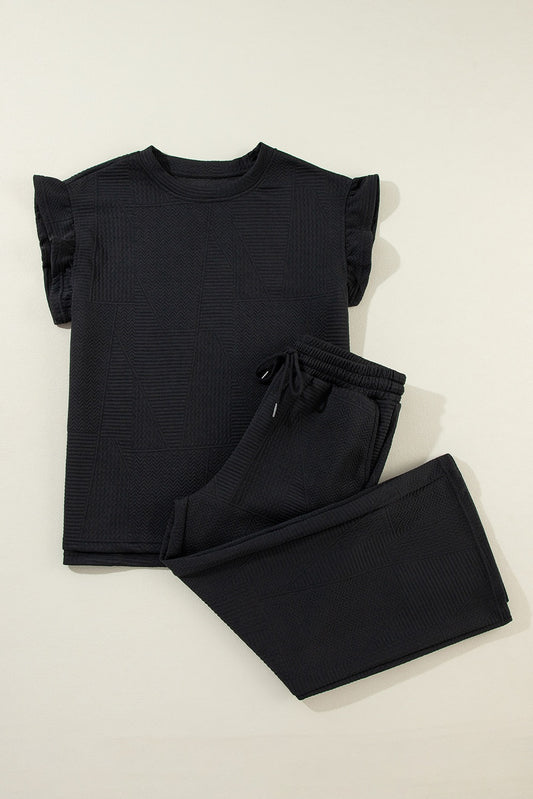 Black Flutter Sleeve Textured Crop Pant Set