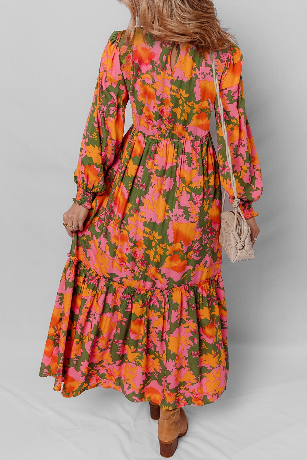 Orange Floral Puff Sleeve Smocked Bodice Ruffled Dress