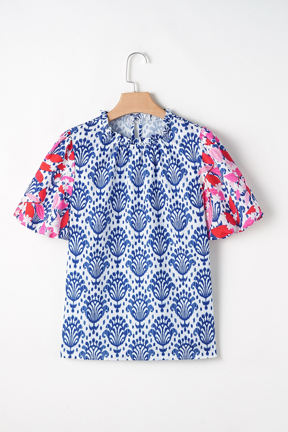 Blue Frill Neck Puff Sleeve Blouse