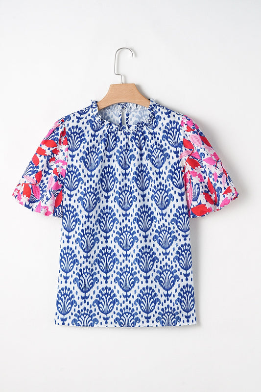 Blue Frill Neck Puff Sleeve Blouse