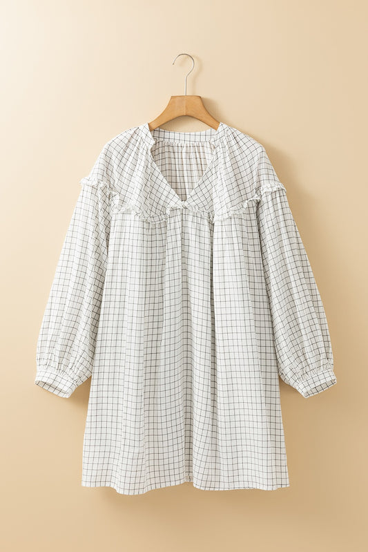 White Stripe Checkered Frill, V-Neck, Bracelet Sleeve Babydoll Dress