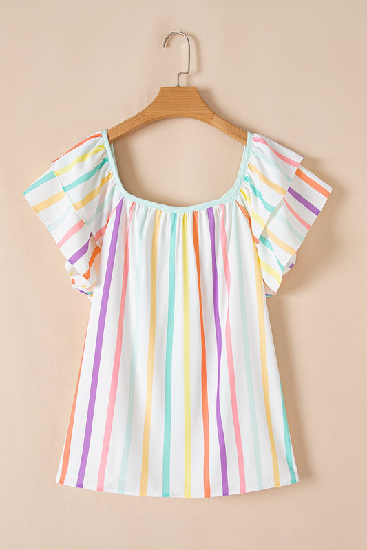 White Stripe Ruffled Sleeve Square Neck Blouse