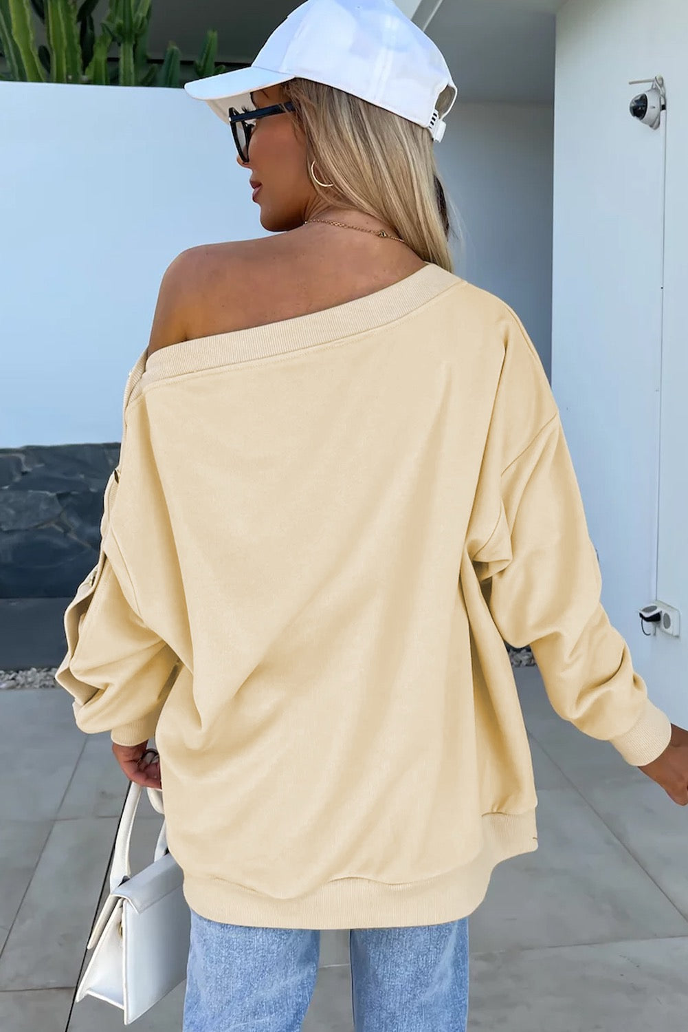 Beige Button Sleeve Sweatshirt