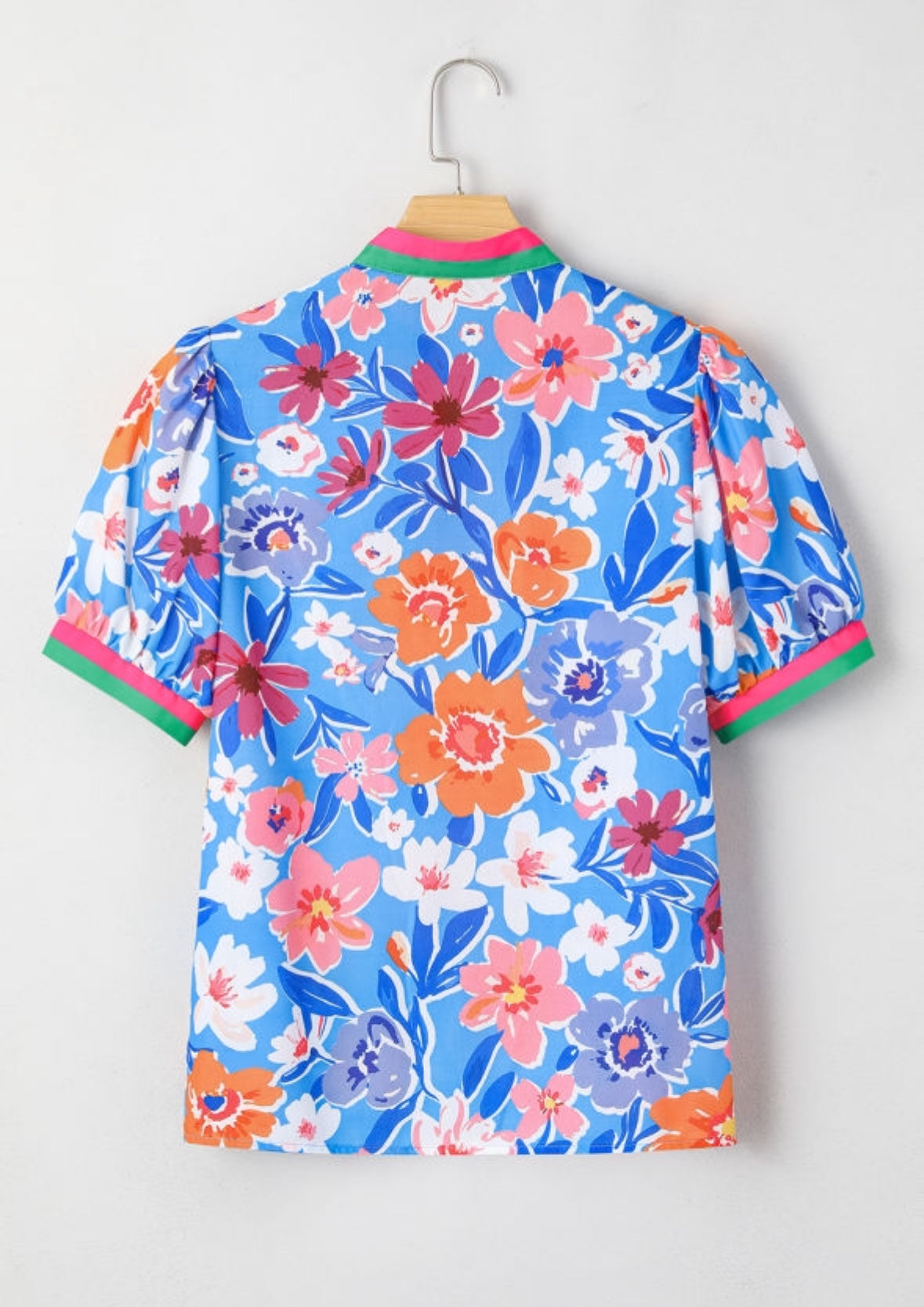 Blue Pop of Color Puff Sleeve Floral Blouse