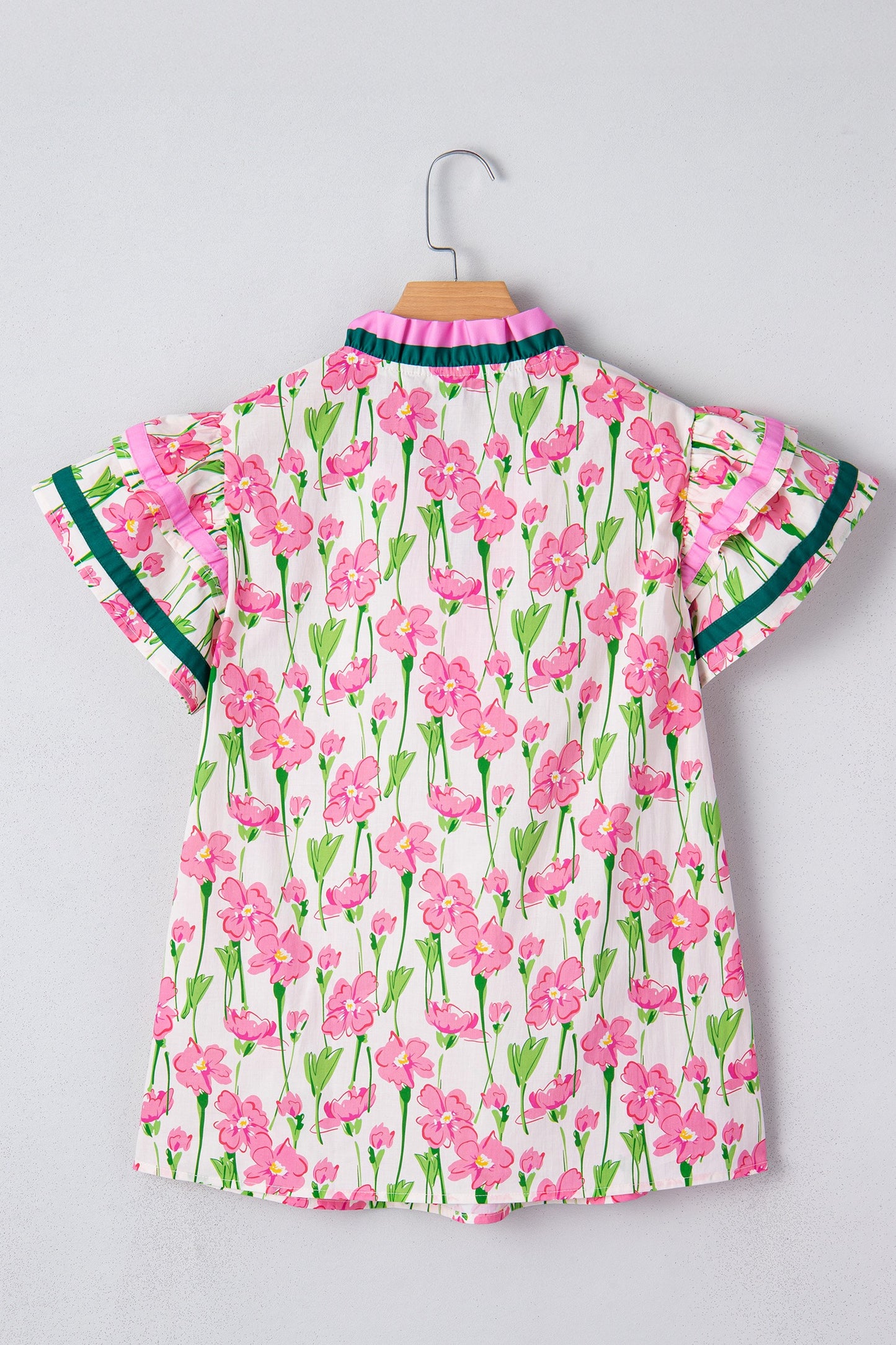 Pink Floral Print Contrast Trim V Neck Double Ruffled Short SleeveTop