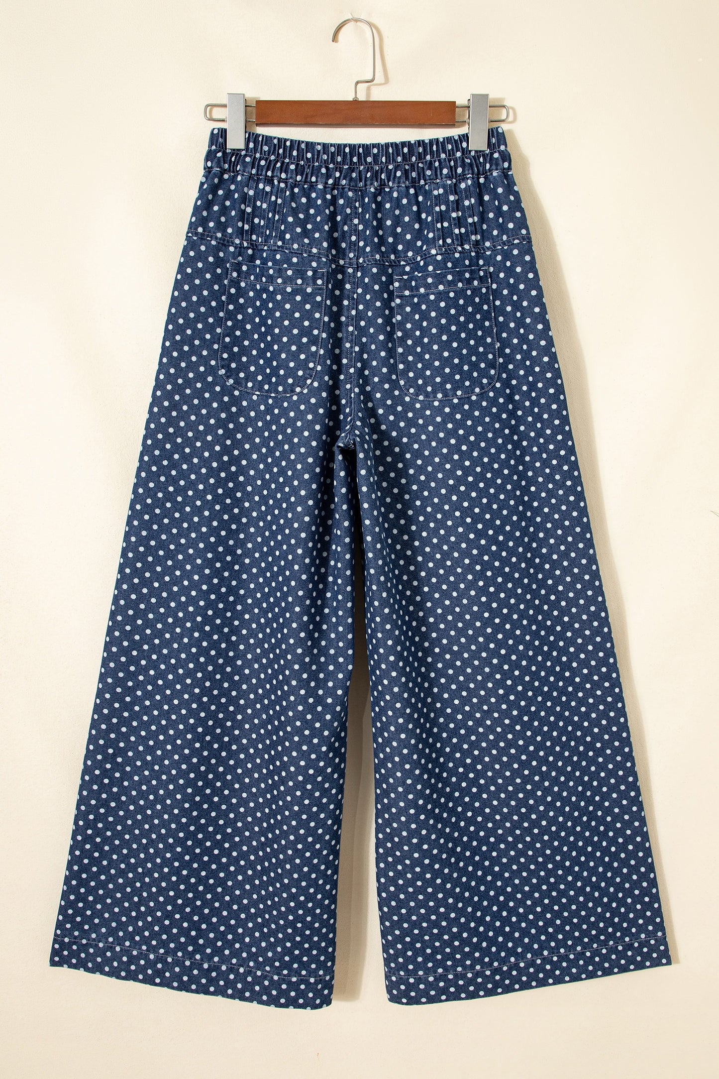 Blue Polka Dot Print Button Pleated Detail Wide Leg Jeans