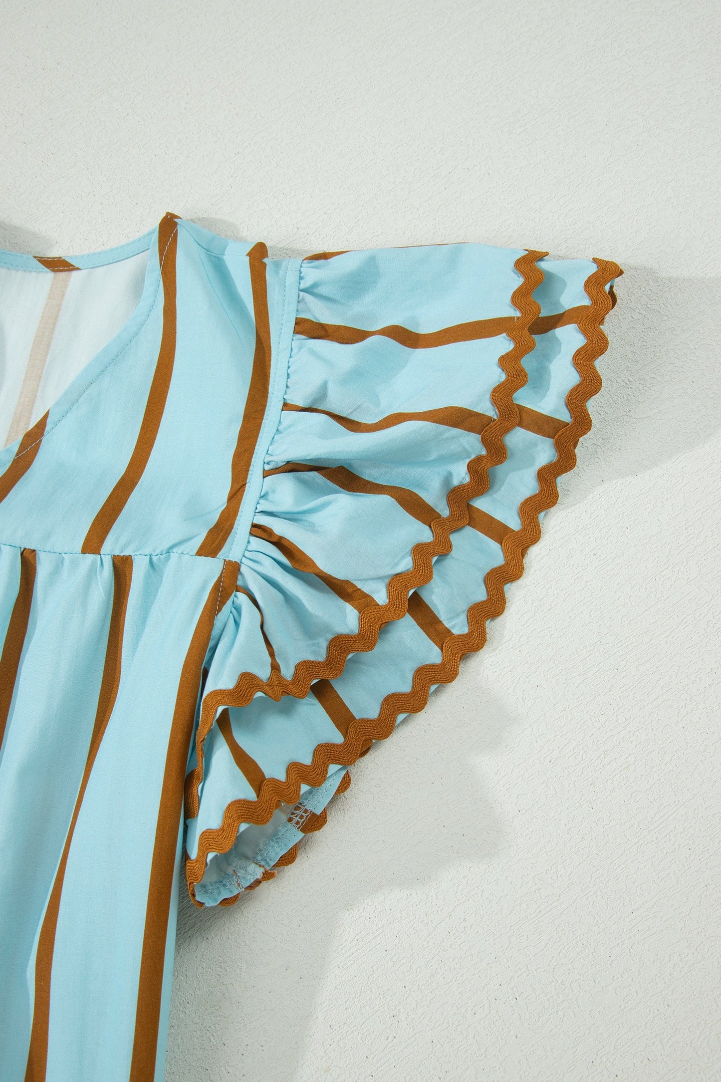 Sky Blue Stripe Ricrac Trim Double Ruffled Short Sleeve V Neck Blouse (ships 5/1)