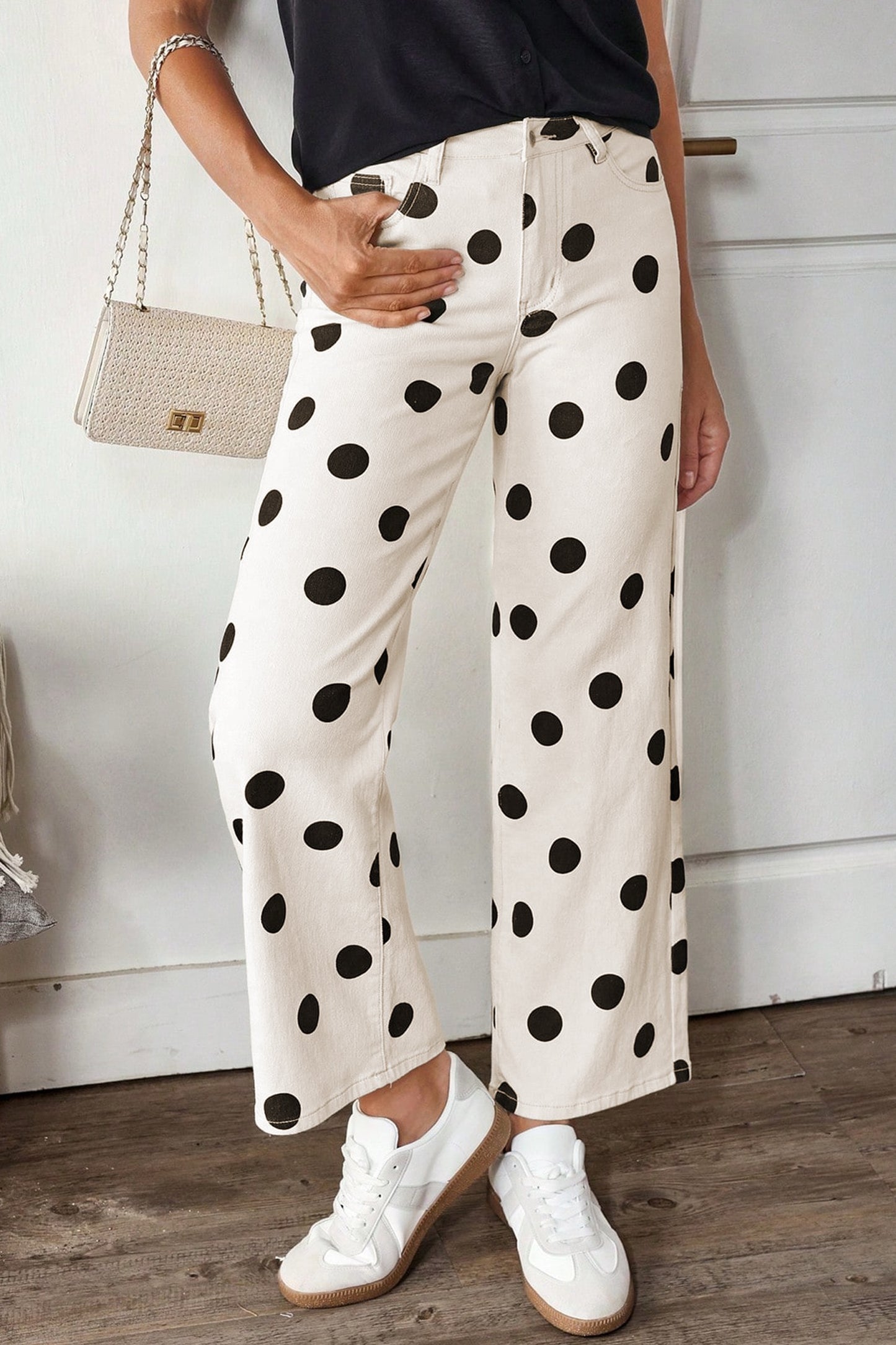 White Polka Dot Print Wide Leg Ankle Length Jeans