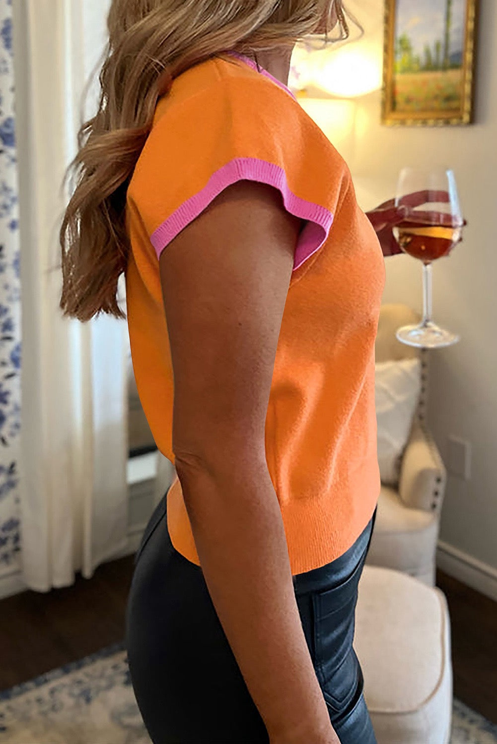 Two Tone Color Block Cap Sleeve Sweater Top