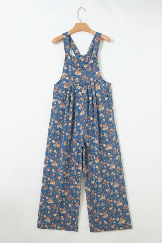 Vintage Rose Printed Pleated Loose Denim Overall (ships 4/5)