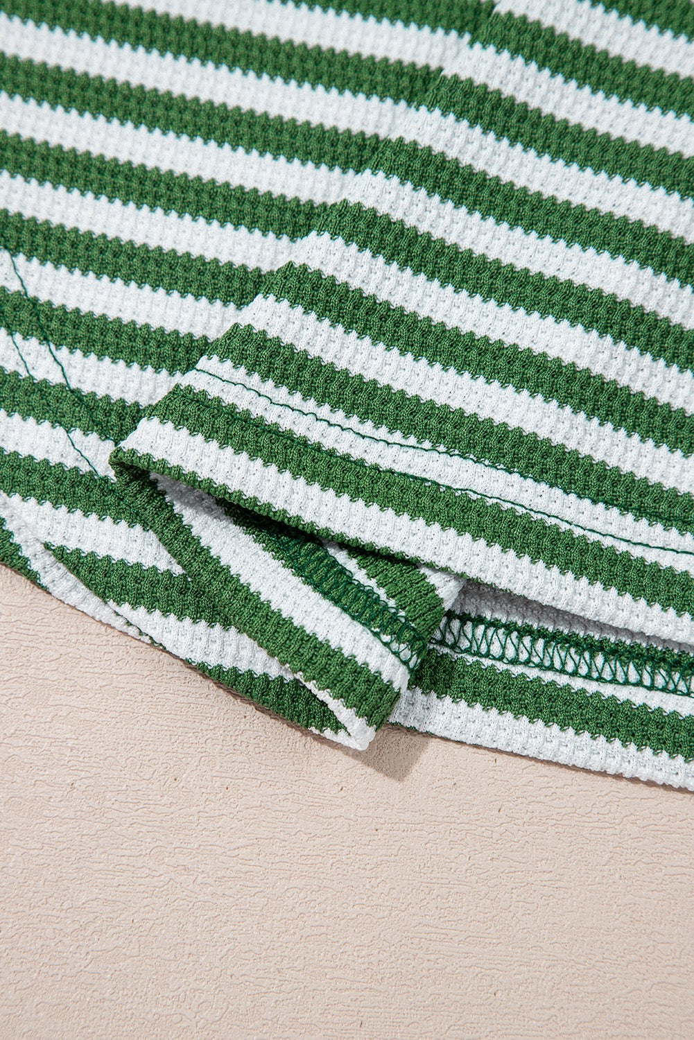 Green Stripe Thermal Knit Drop Shoulder Casual Top