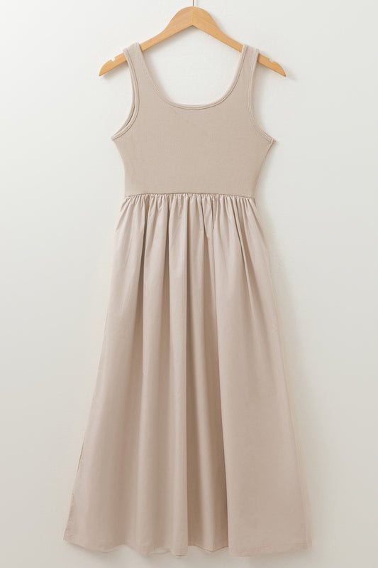 Beige Scoopneck, Sleeveless Midi Dress
