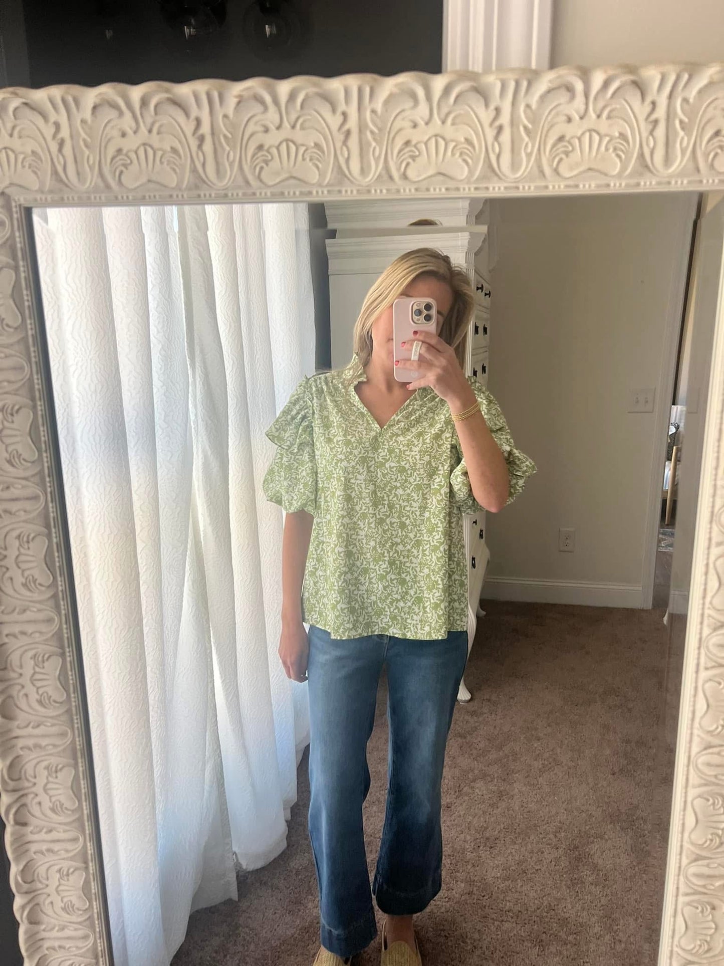 Green Floral Puff Sleeve Blouse