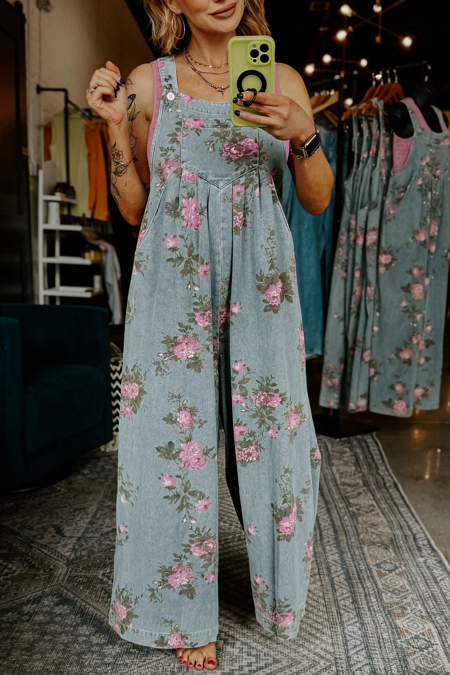 Floral Print Pleated High Waist Wide Leg Denim Jumpsuit (ships March 5)