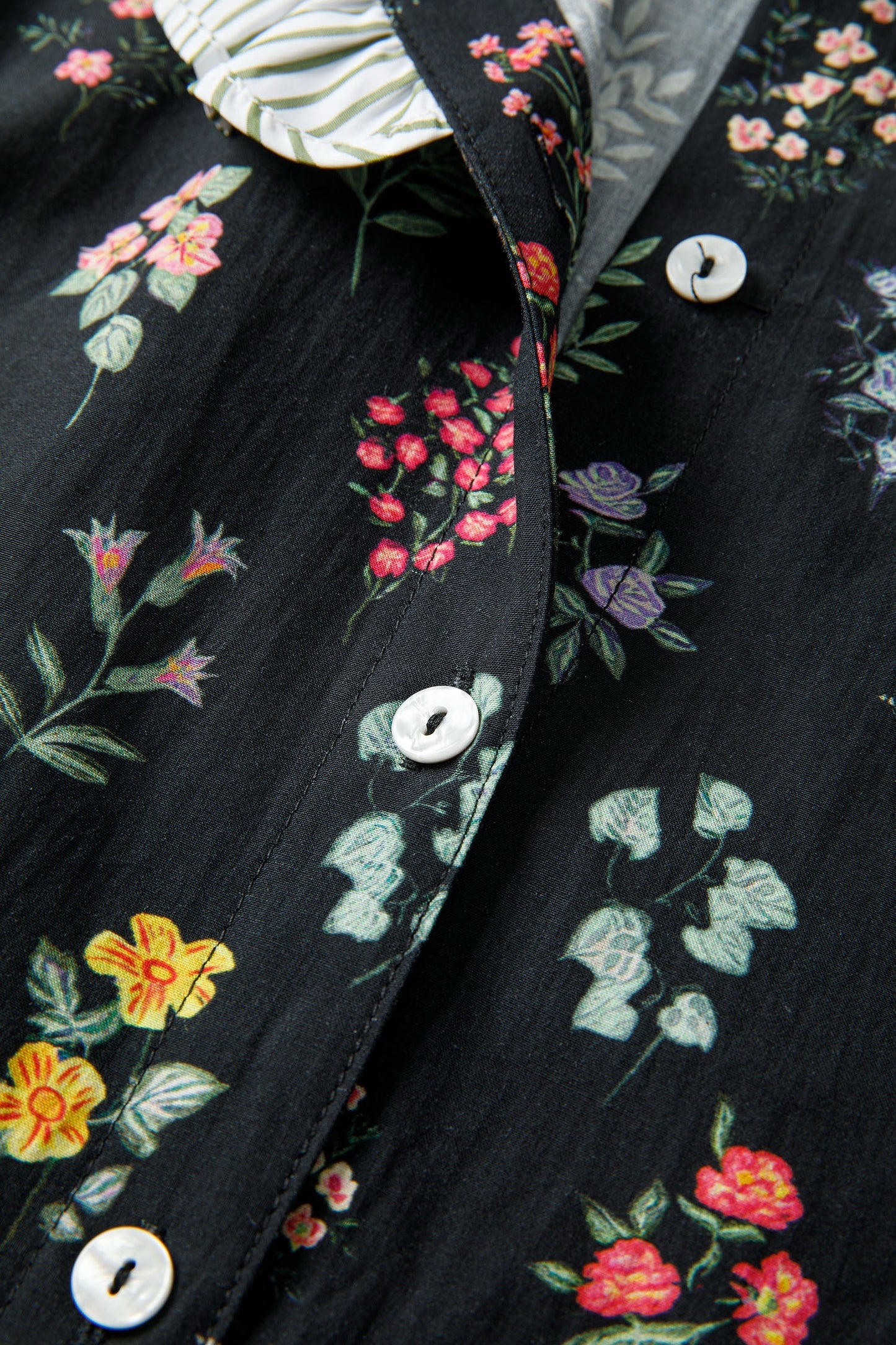 Black Floral Stripe Frill Trim Top