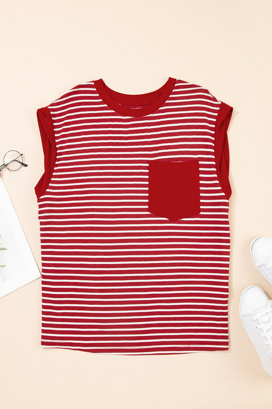 Red Stripe Chest Pocket Patch Round Neck Sleeveless Top