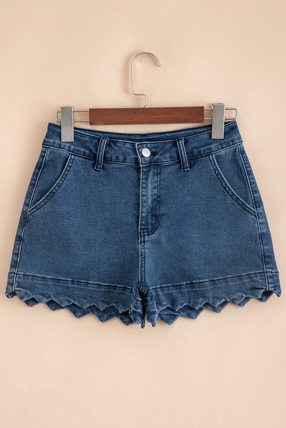 Light Wash Embroidered Scalloped Trim Denim Shorts