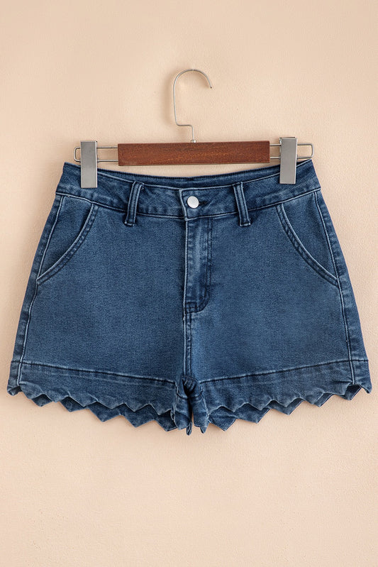 Light Wash Embroidered Scalloped Trim Denim Shorts