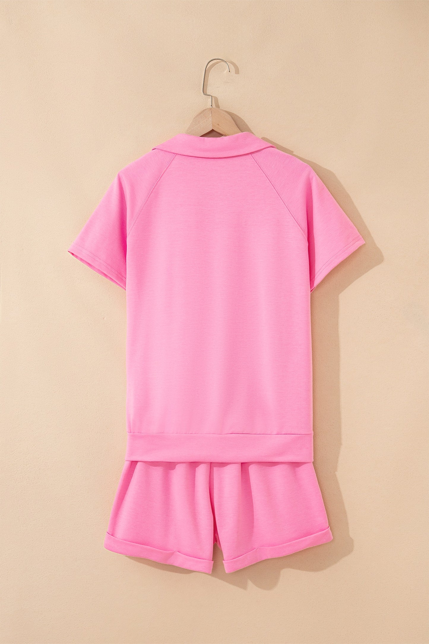 Pink Collared V Neck Tee Drawstring Elastic Waist Shorts 2pc Set