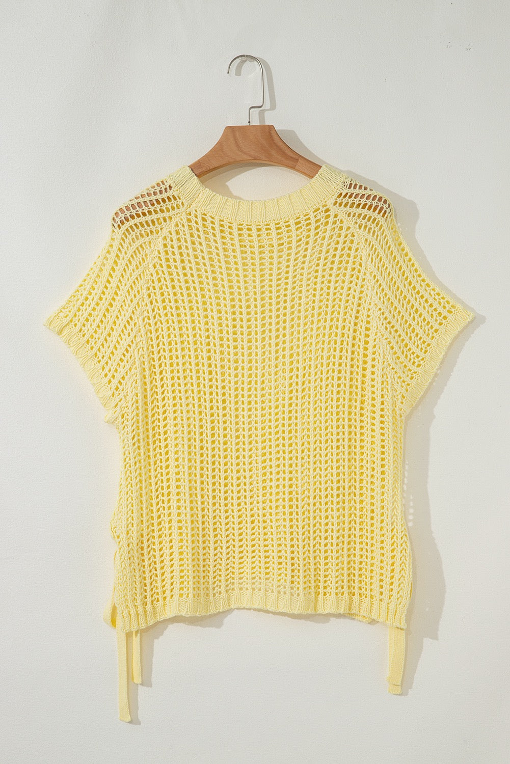 Yellow Hollow-out Crochet Side Tied Short Sleeve Sweater