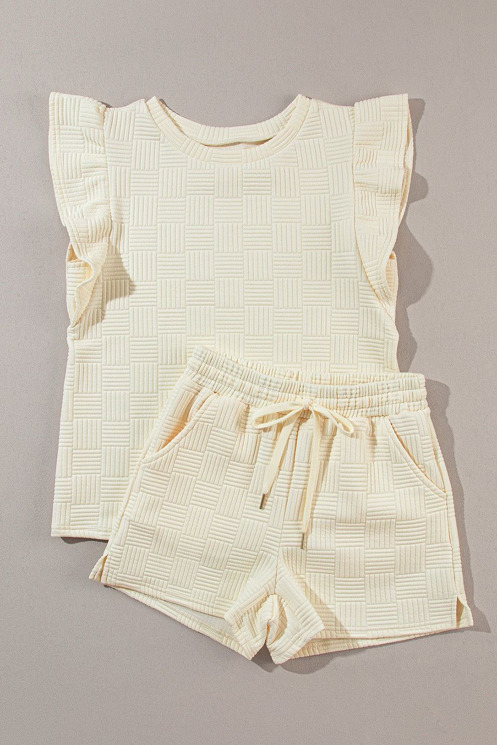 Apricot Ruffle Sleeve Textured Shorts Set