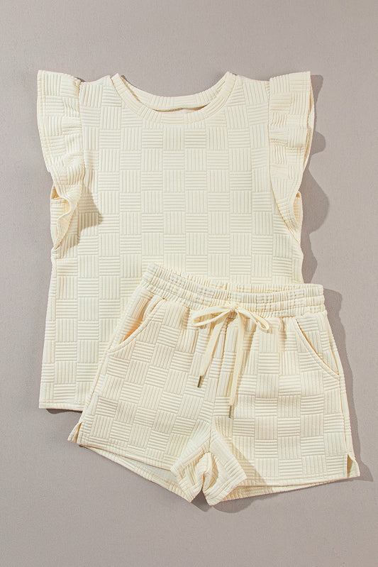 Apricot Ruffle Sleeve Textured Shorts Set