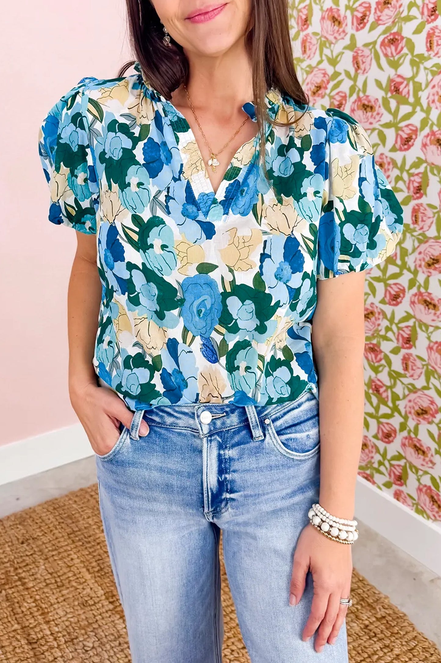 Beige Floral Print Contrasted Frilled Striped Trim Short Sleeve