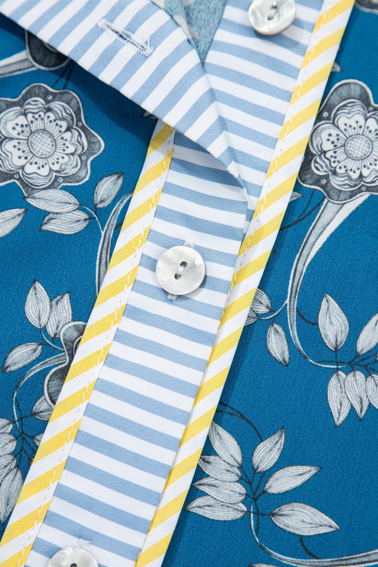 Blue Striped Trim Short Sleeve Floral Dress