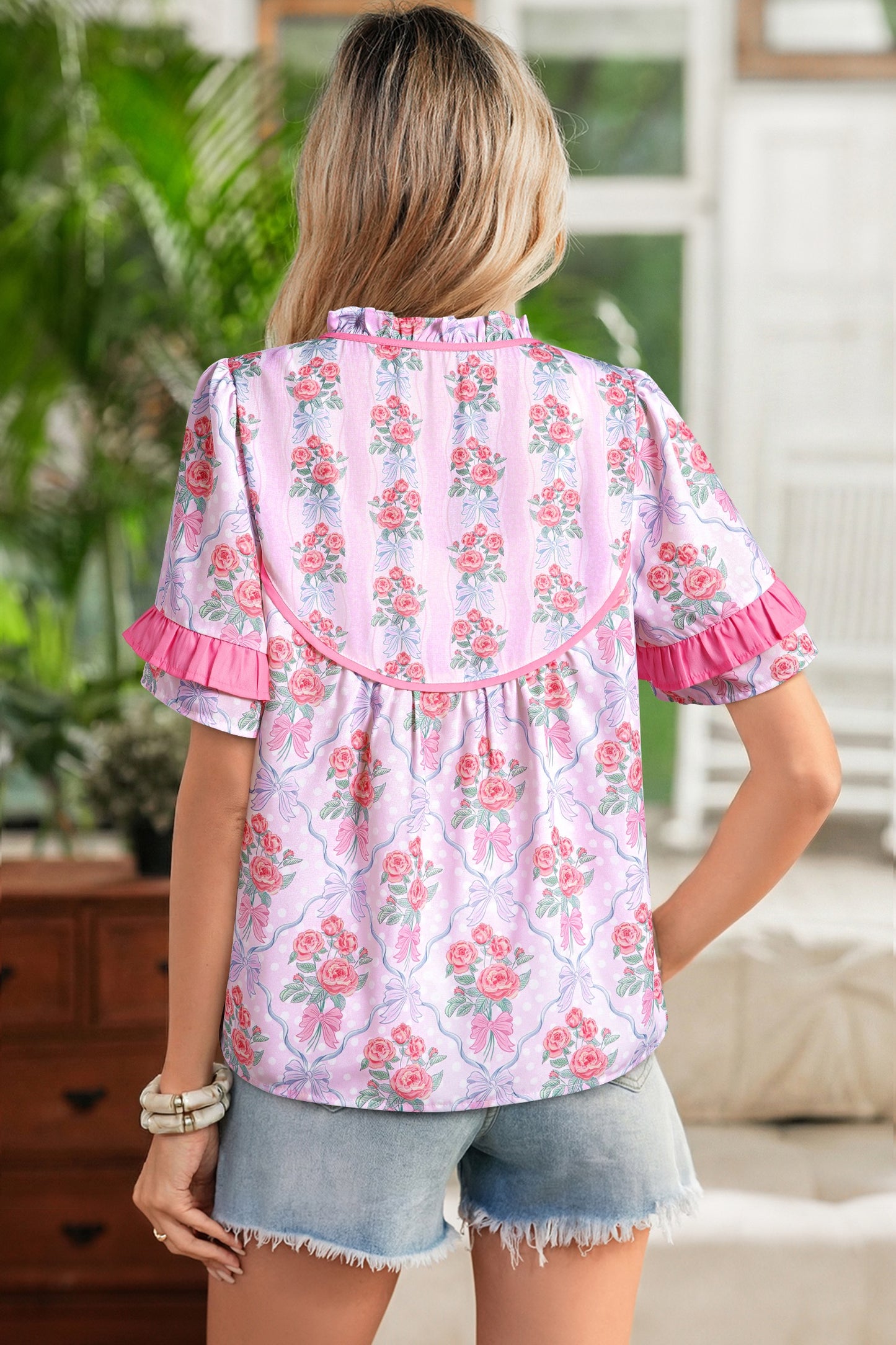Purple Floral Bow Printed Contrast Ruffled Short Sleeve Blouse