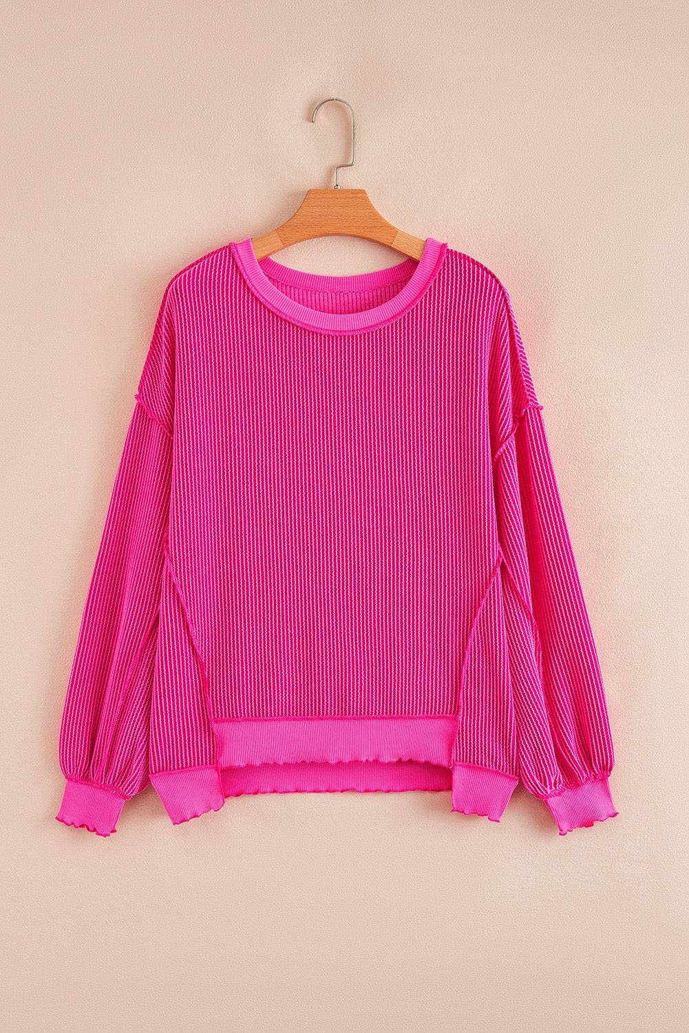 Strawberry Pink Twisted Rib Uneven Hem Drop Shoulder Loose Knit Top