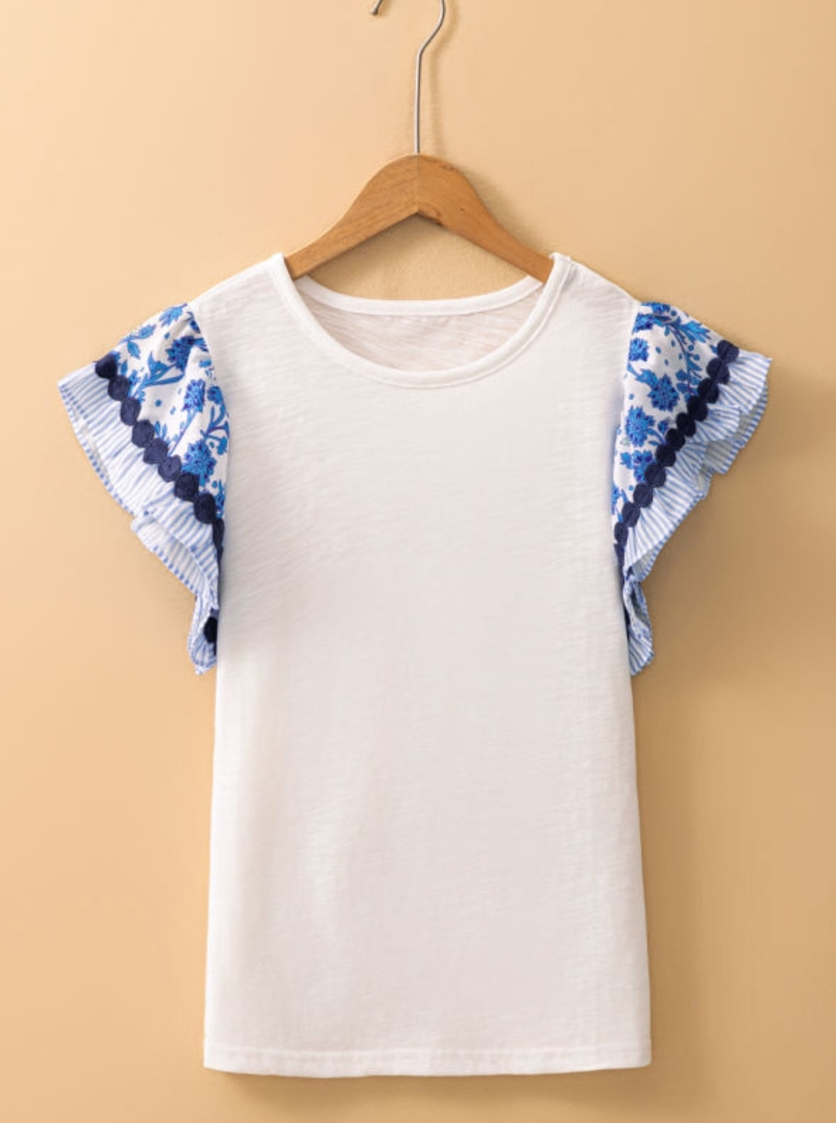 Sleeveless Blue Floral Trim Ric Rac Detail Top