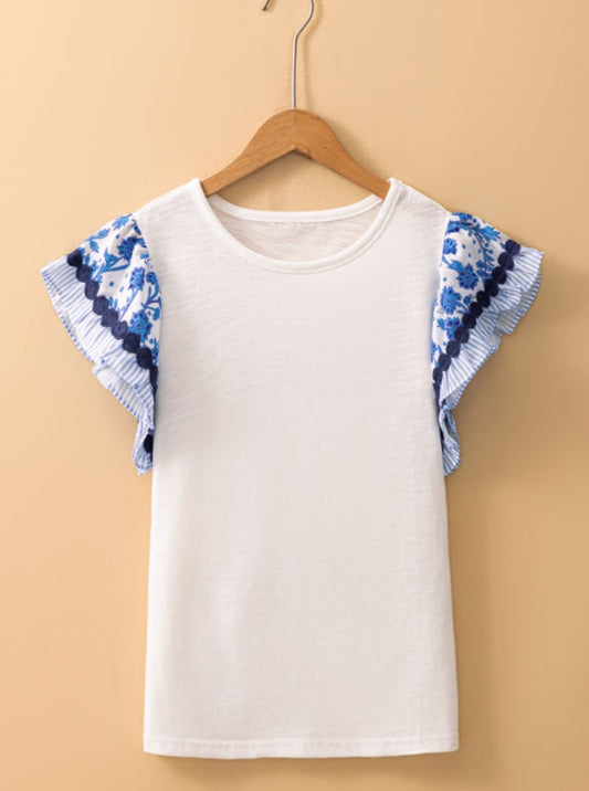 Sleeveless Blue Floral Trim Ric Rac Detail Top