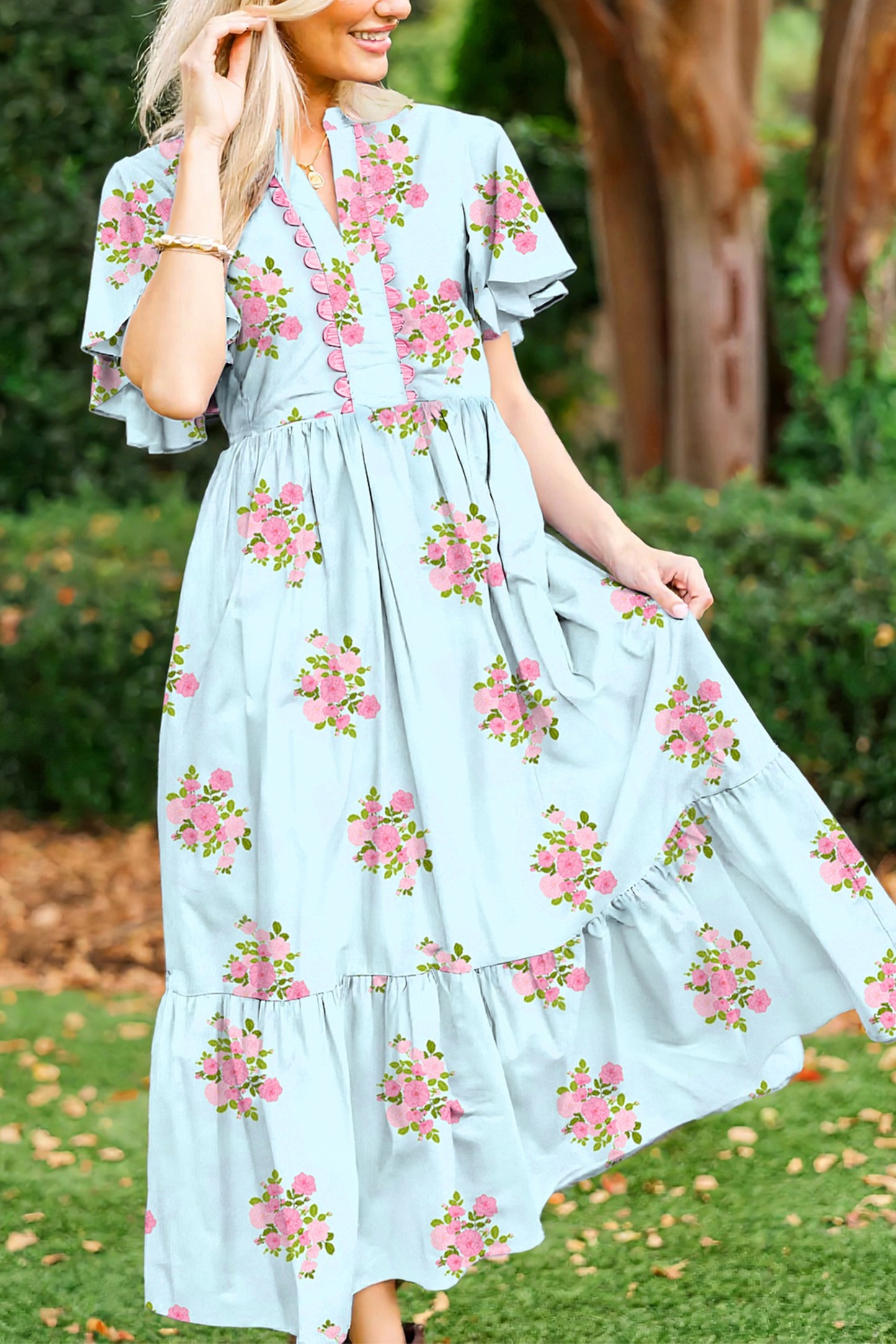 Blue Flutter Short Sleeve Floral Print Maxi
