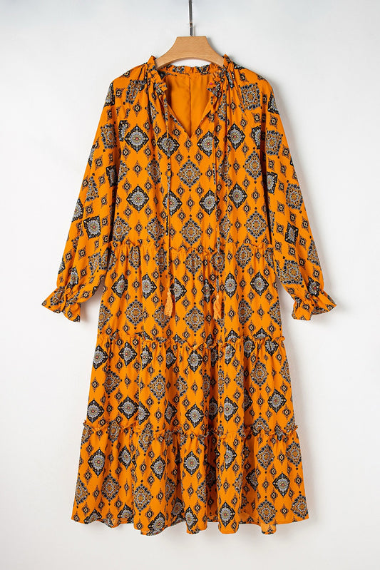 Orange Geometric Print Tiered Frilled Loose Fit Midi Dress