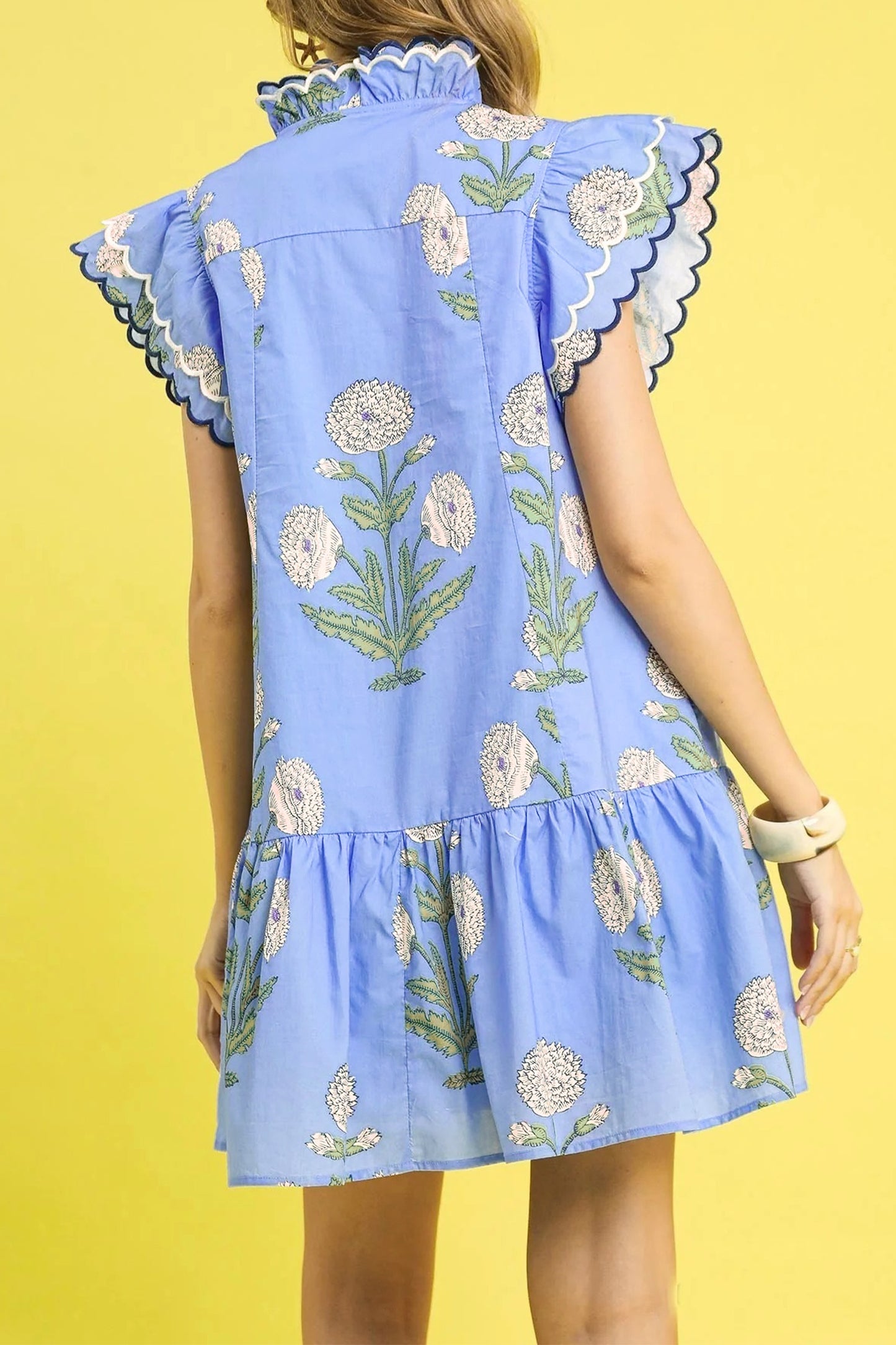 Blue Wild Floral Print Scalloped Embroidery Trim V Neck Drop Waist Mini