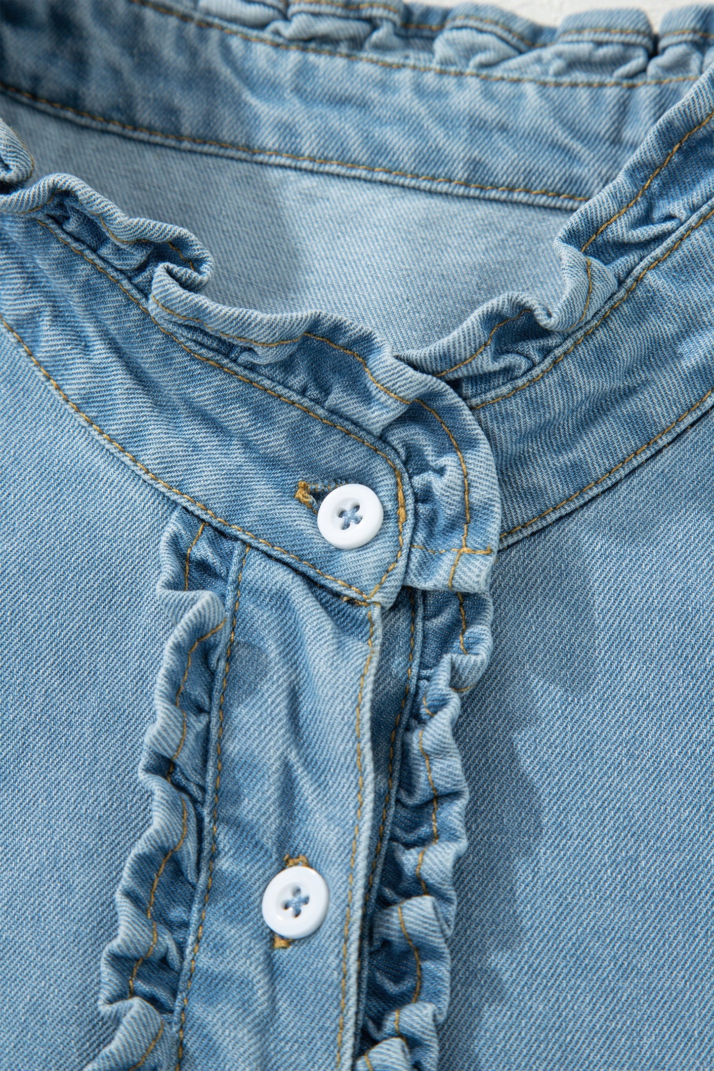 Blue Button Square Neck Short Puff Sleeve Denim Mini Dress