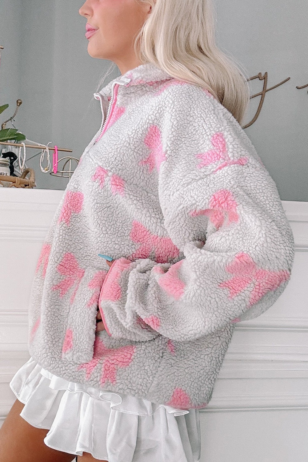 Bow Sherpa Quarter Zip Oversized Sweatshirt