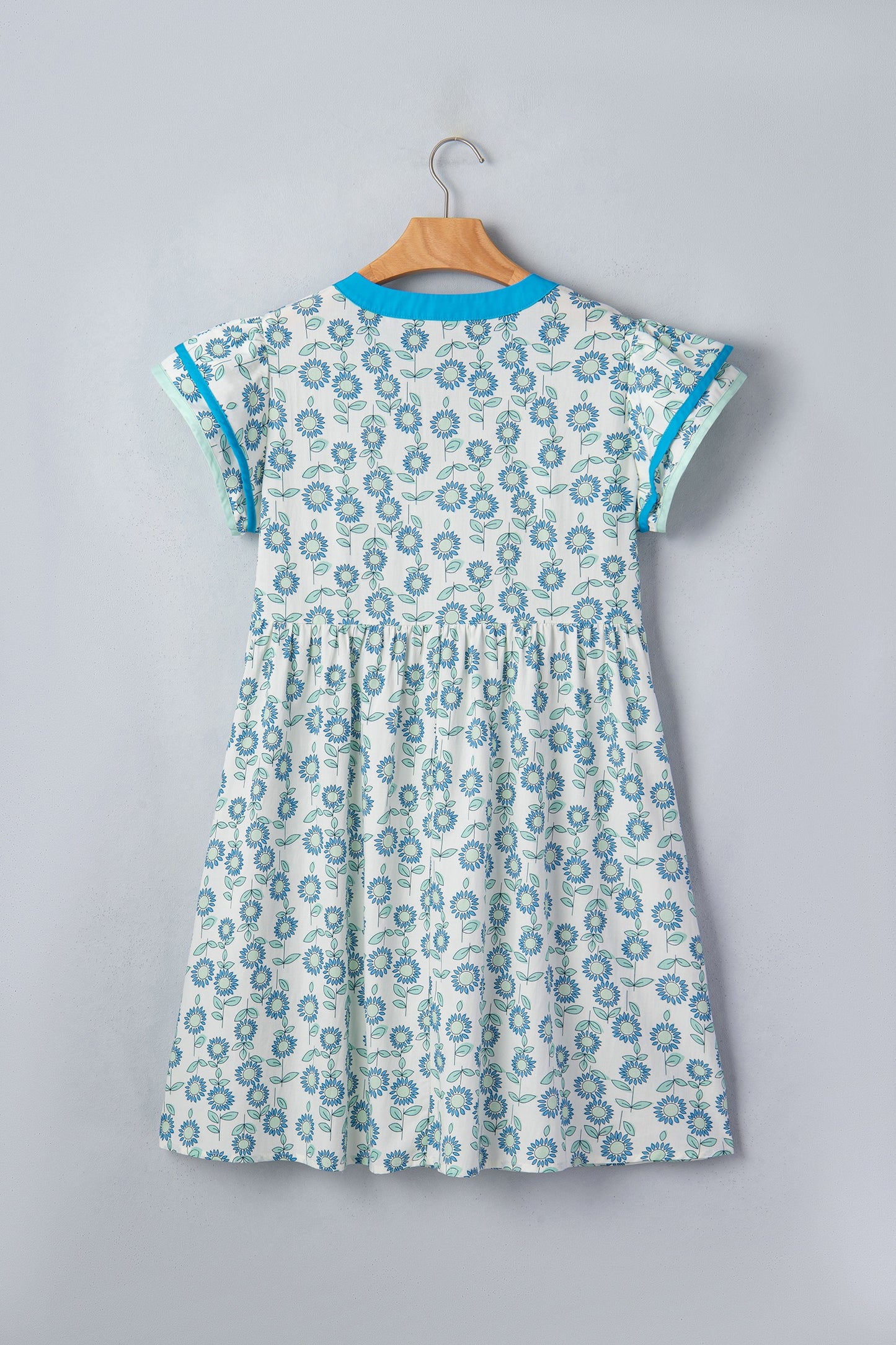 Blue Floral Print Contrast Trim Flutter Sleeve Dress