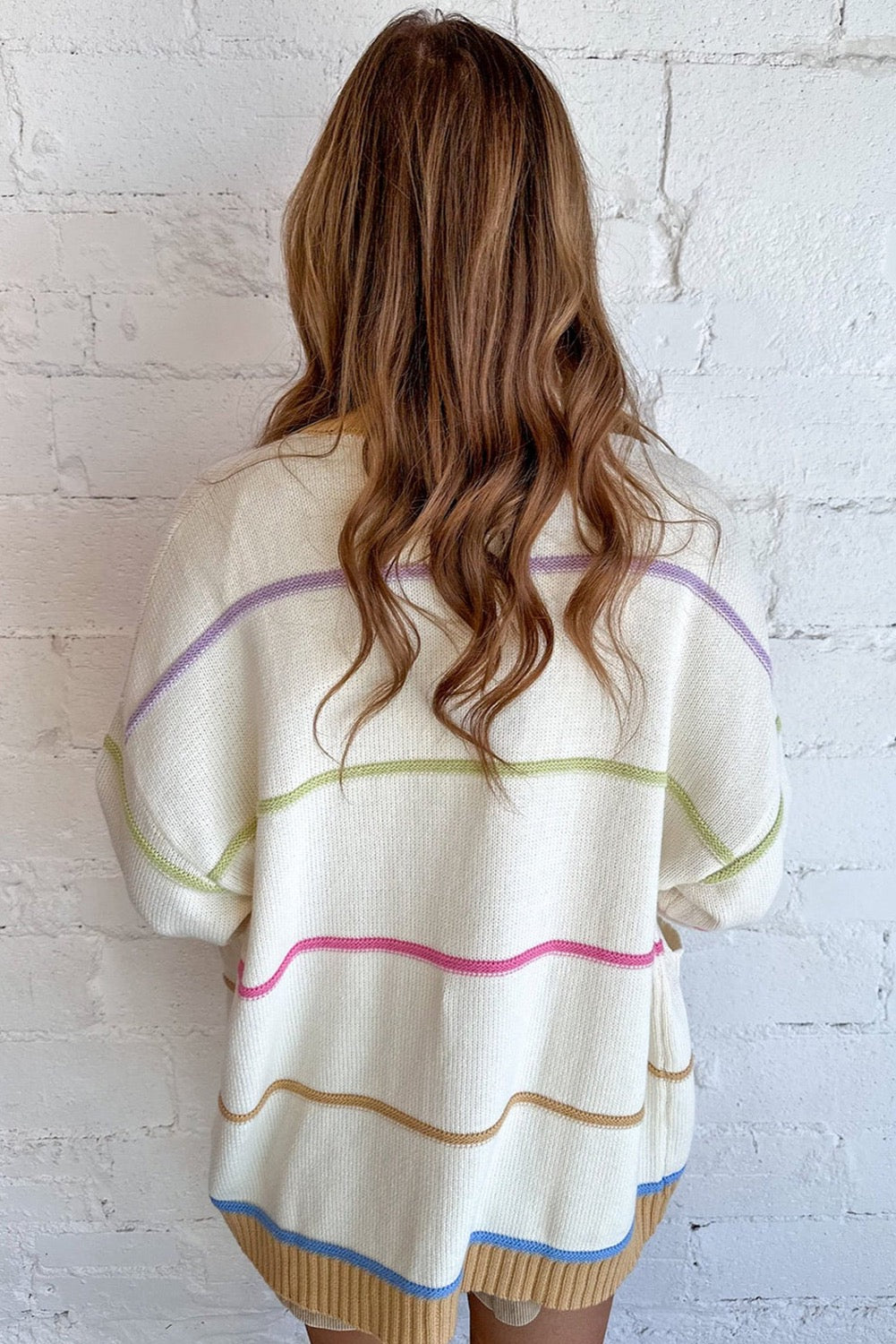 White Color Block Striped Open Front Cardigan