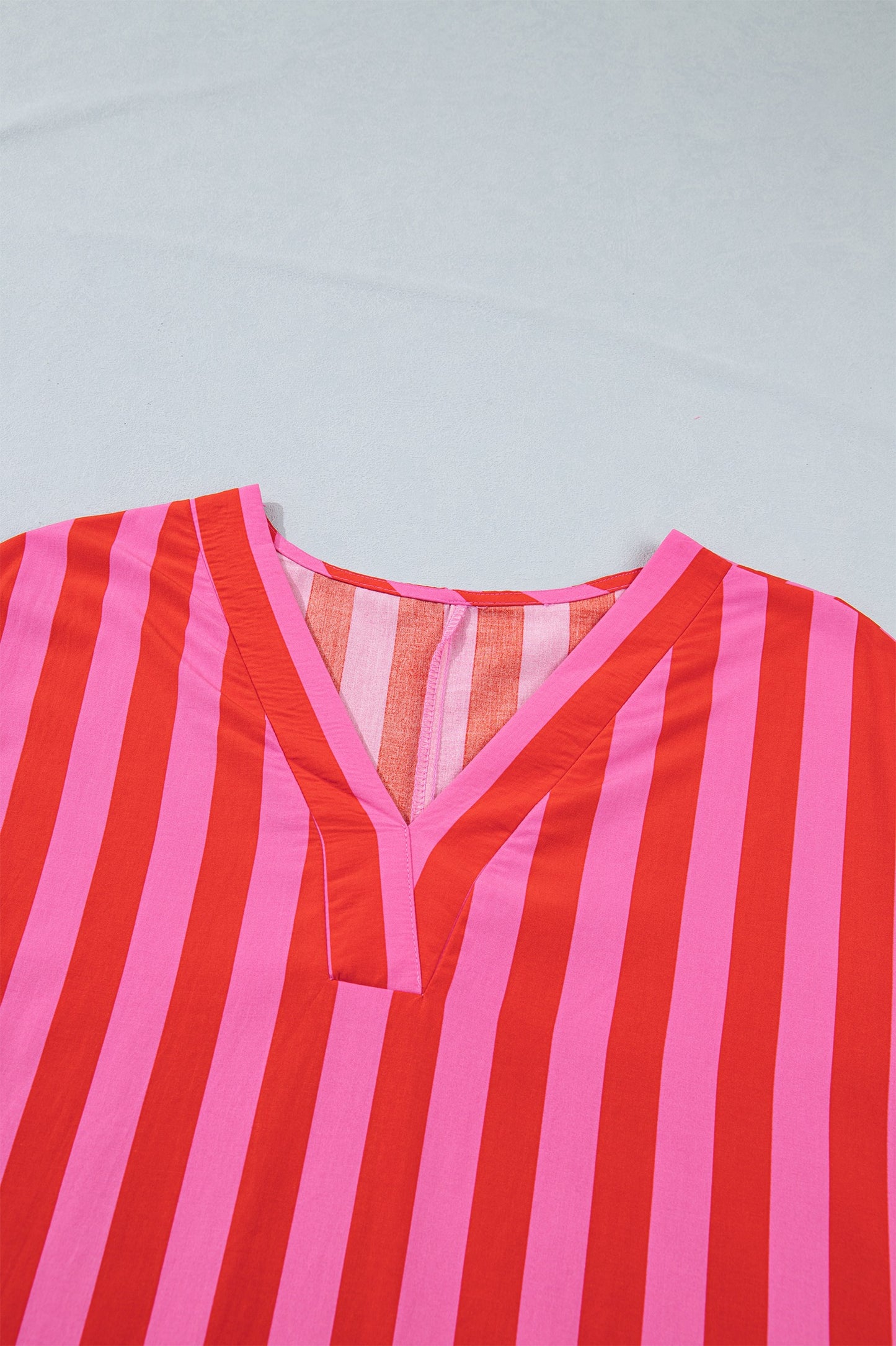 Red Stripe V Neck Cuffed Sleeve Dress