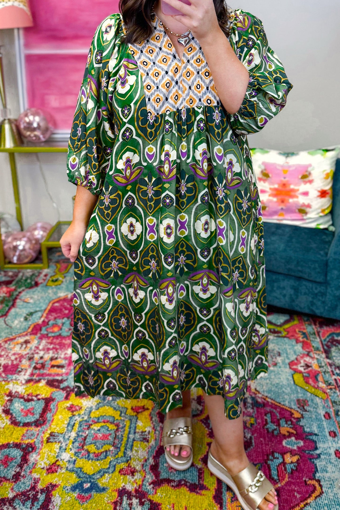 Green Plus Size Mixed Floral Patchwork V Neck Bracelet Sleeve Maxi