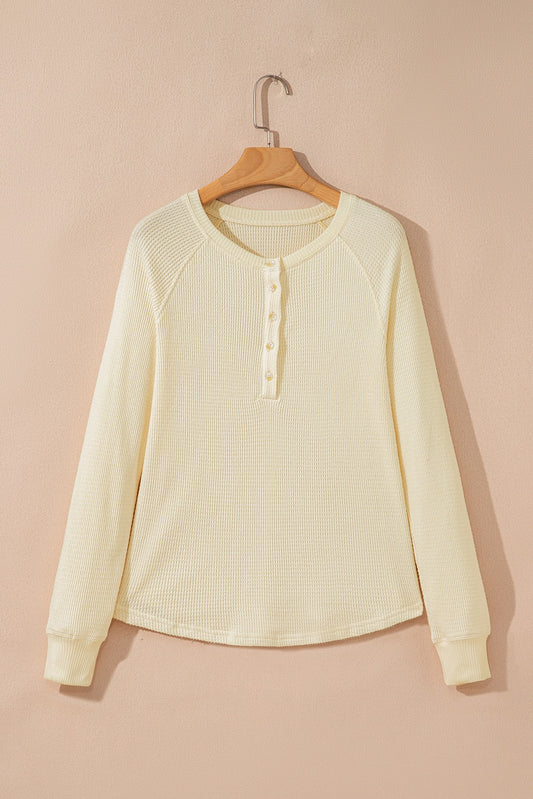 Henley Top Oatmeal Textured Knit Half Buttons
