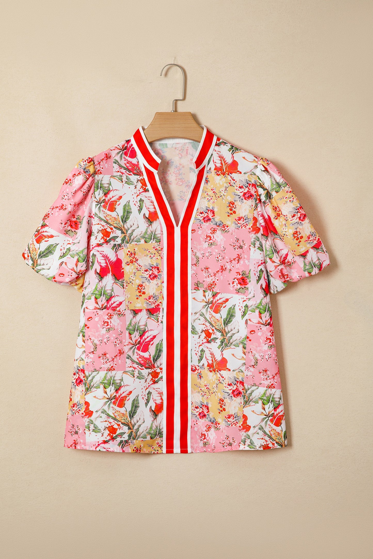 White Floral Print Striped Patchwork Button Neck Short Sleeve Blouse