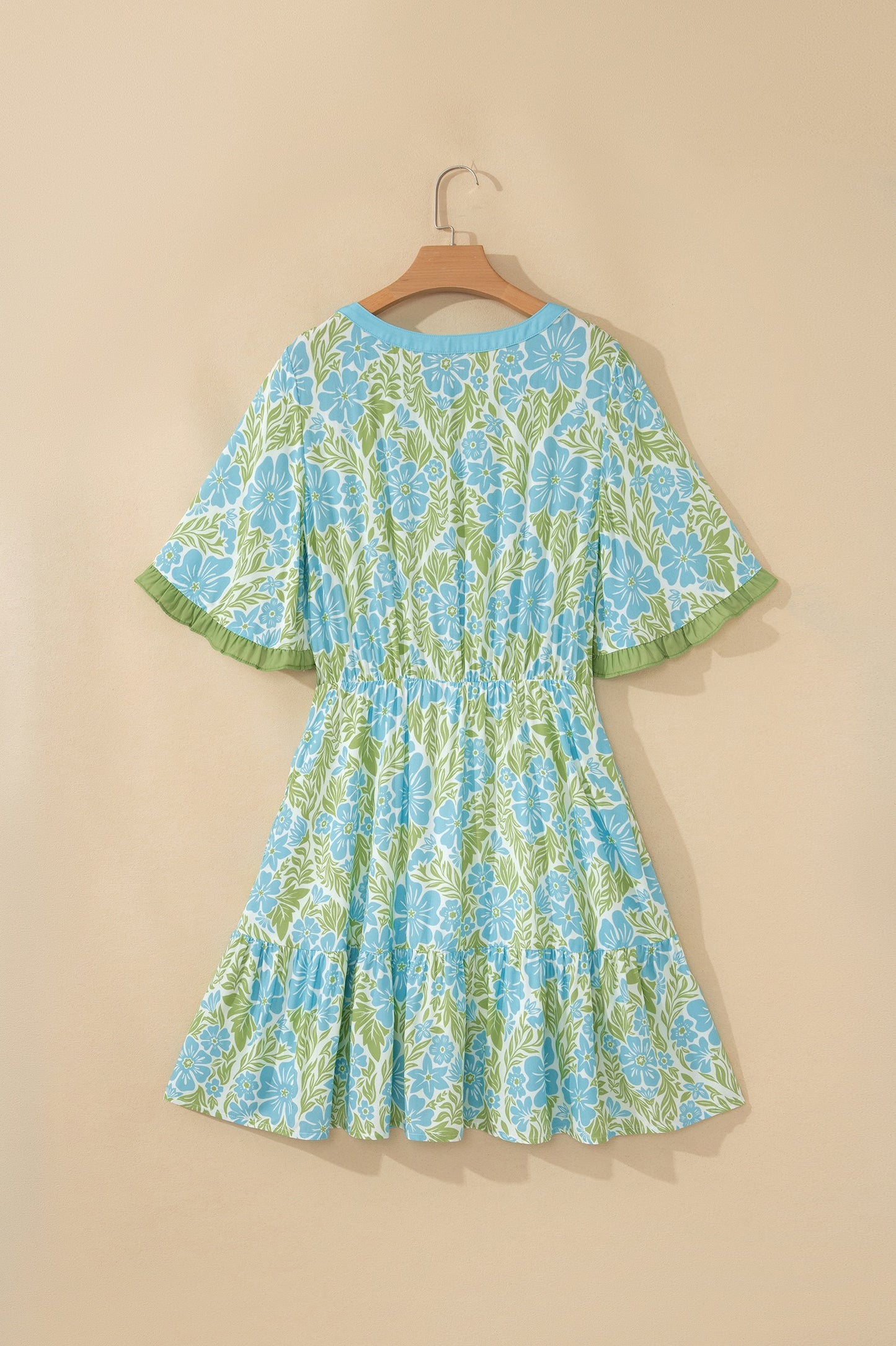 Blue Floral Print High Waist Ruffle Short Sleeve Mini Dress