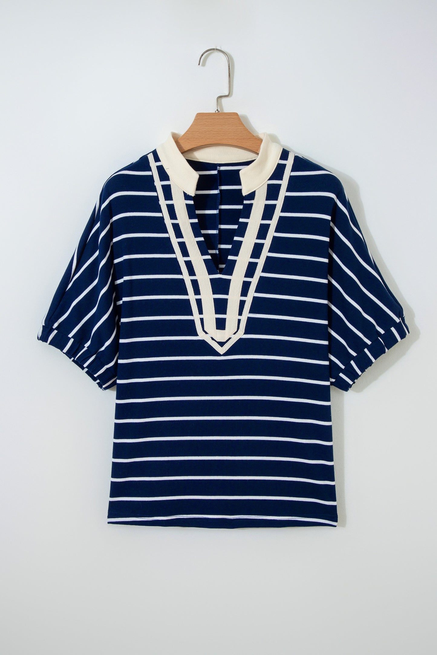 Navy Stripe Stand Collar V Neck Elastic Cuffs Half Sleeve Dolman Top