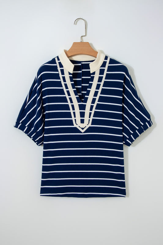 Navy Stripe Stand Collar V Neck Elastic Cuffs Half Sleeve Dolman Top