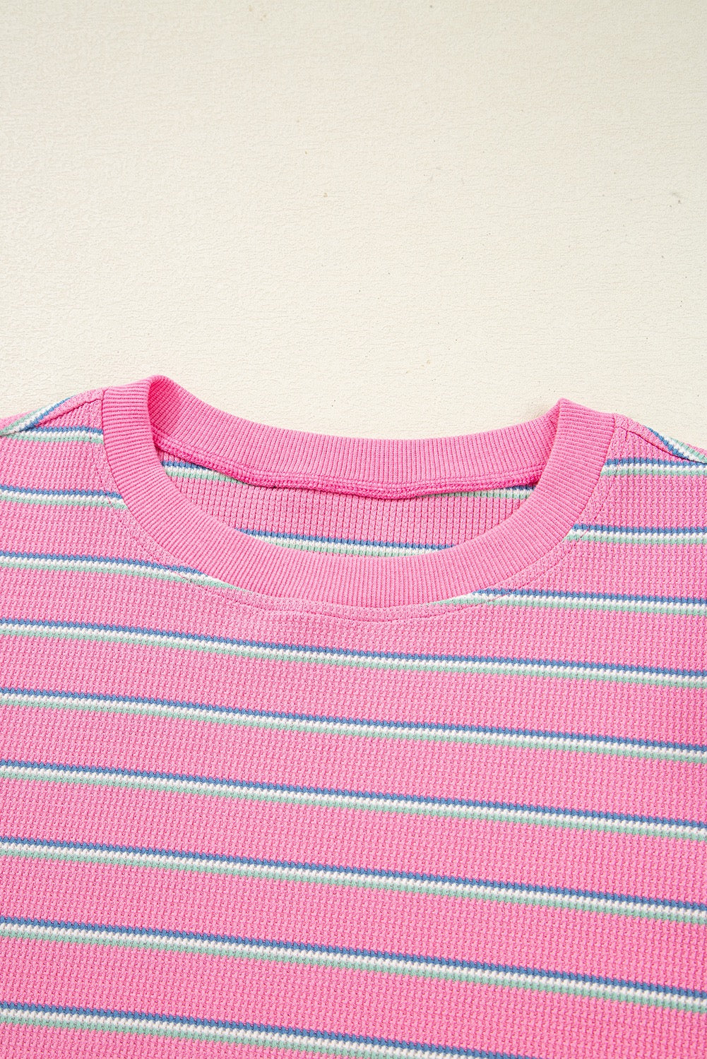 Rose Stripe Textured Knit Round Neck Top