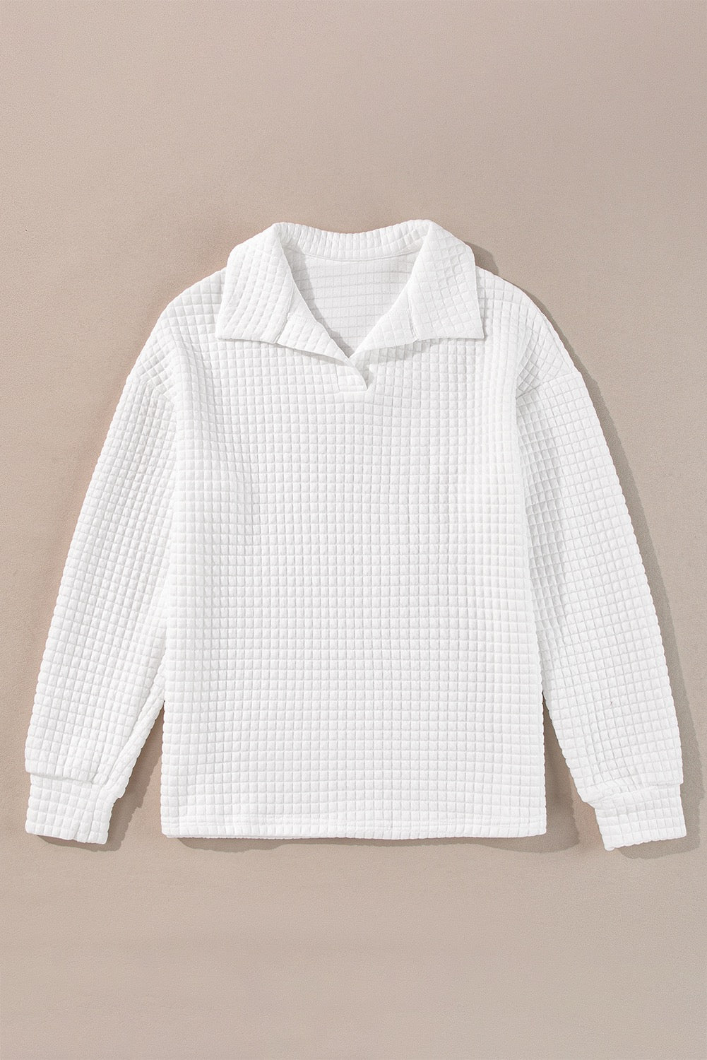 White Quilted Texture Sporty Collared Long Sleeve Top