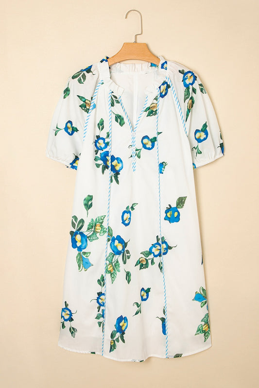 White Plus Size Floral Short Puff Sleeve Contrast Tie V Neck Dress
