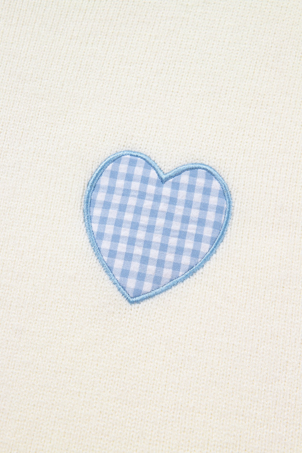 White Plaid Heart Embroidered Cuffed Drop Shoulder Crew Neck Sweater
